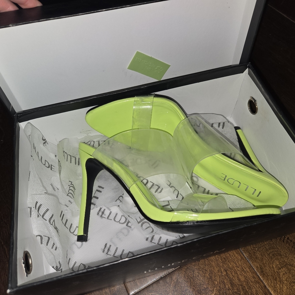 ILLUDE Women's Lime Green See-through Heels Size 7 - Picture 3 of 4